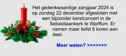 Het gedenkwaardige zangjaar 2024 is op zondag 22 december afgesloten met een bijzonder kerstconcert in de Sebastiaankerk te Warffum. Er namen maar liefst 5 koren aan deel.   Meer weten? >>>>>>>